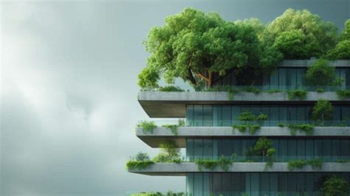 a building with trees and grass