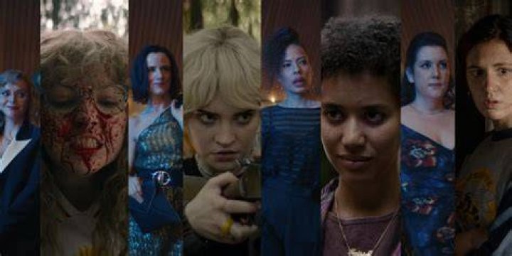 A collage of the Yellowjackets season 2 adult cast with a closeup of Lauren Ambrose as Van
