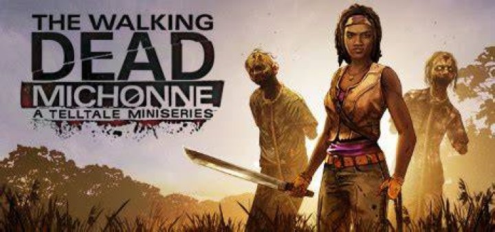 A split screen of Michonne and Rick Grimes.
