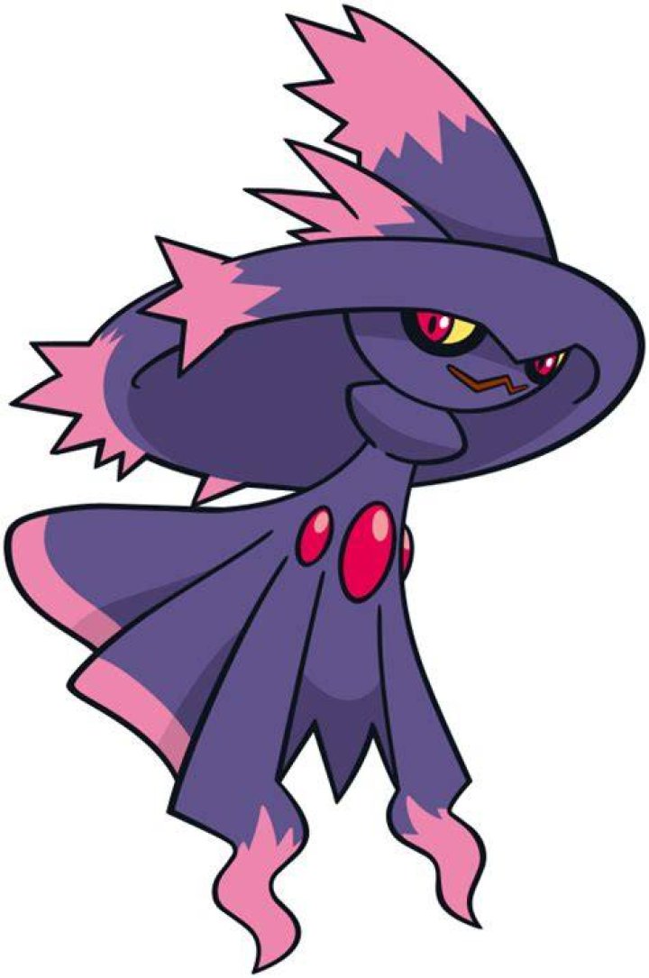 Artwork of Misdreavus and Mismagius superimposed over a Pok&eacute;mon Scarlet and Violet nighttime landscape, with a mountain to one side, and a building illuminated in the dark to the other.
