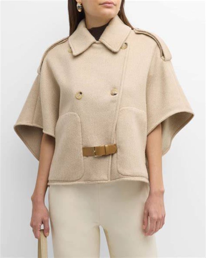 Belted leather-trimmed cashmere cape
