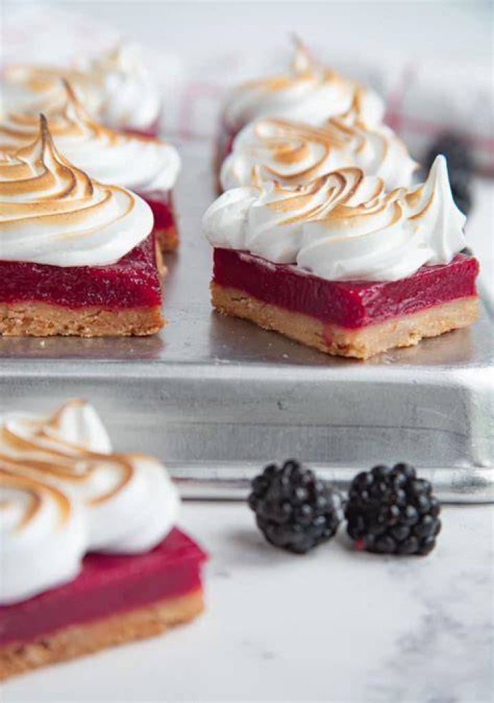 Blackberry curd meringue bars with lemon and white pepper shortbread. Photo / Petra Galler 