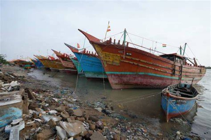 Boats stand anchored at Jakhau Port in Kutch district, India. Photo / AP