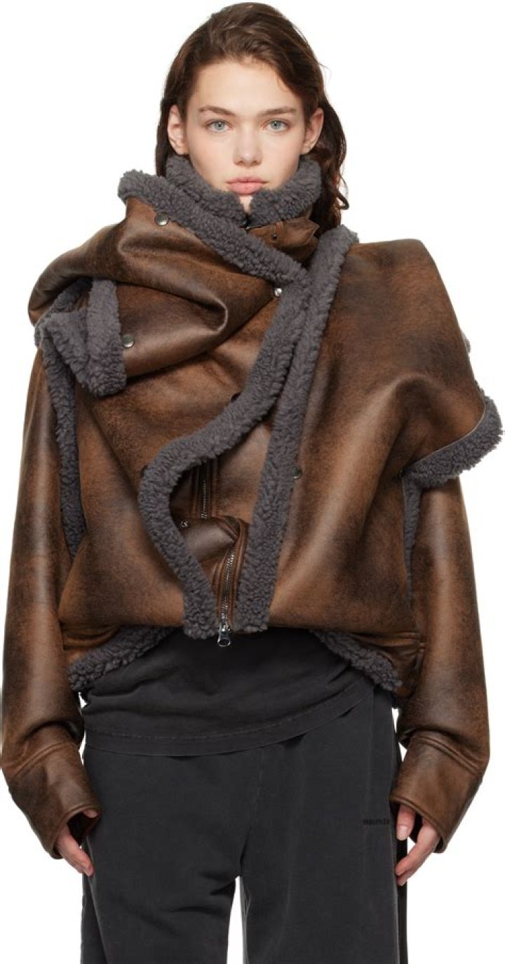  Brown Snap Panel Faux-Shearling Jacket