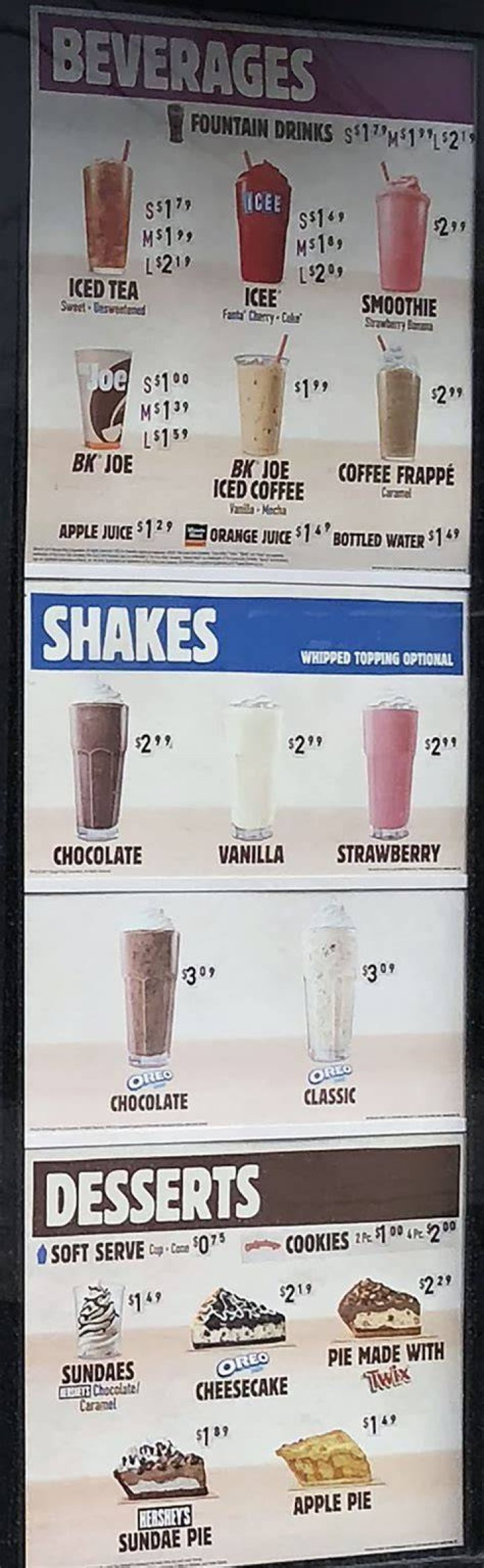Burger King menu and beverages