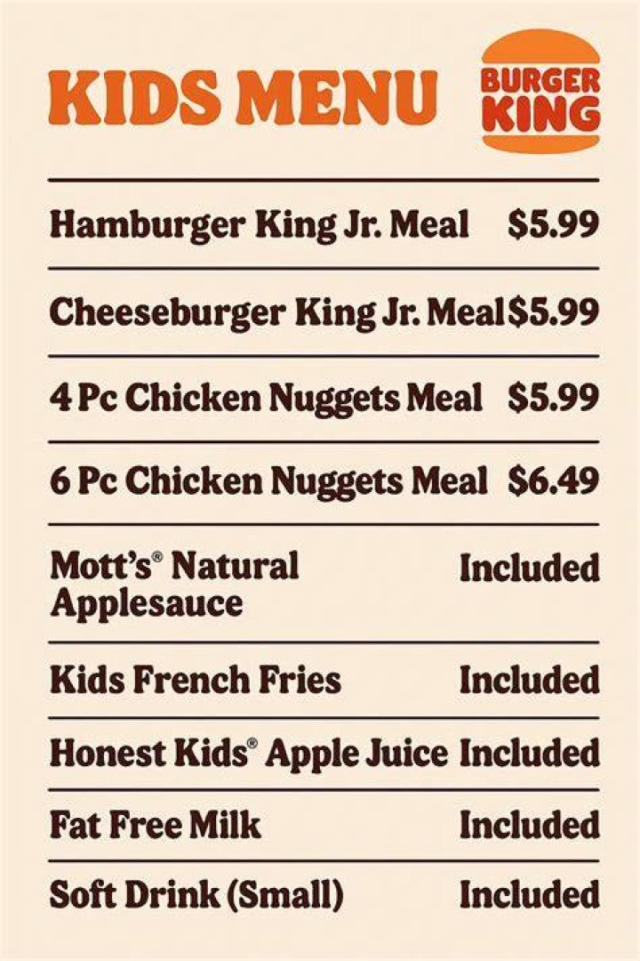 Burger King menu for kids
