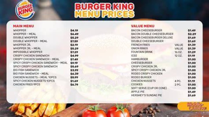 Burger King menu with prices