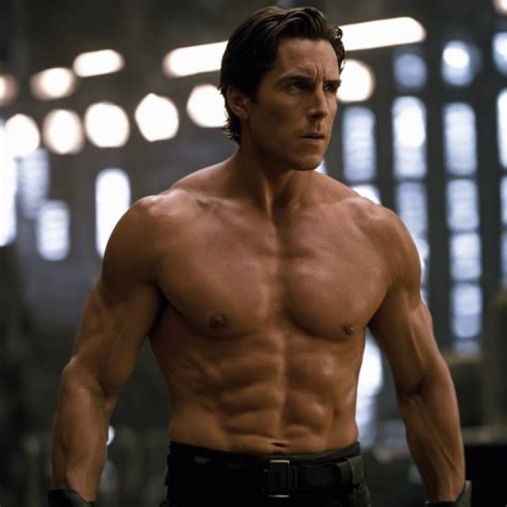 Christian Bale standing by the Batman suit.