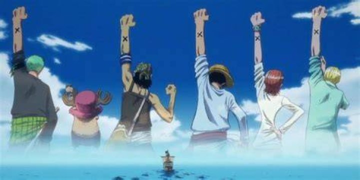 Crew leave alabasta holding hands in the air with an X tattoo in One Piece