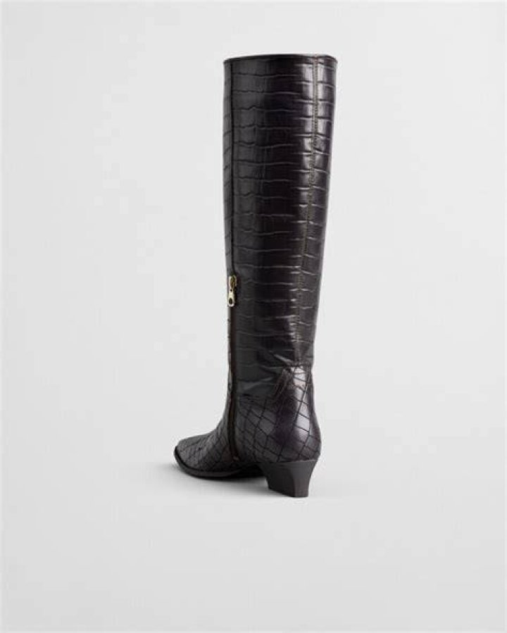 Croc-effect leather knee-high boots