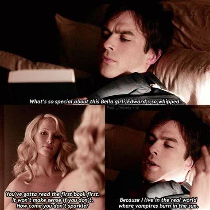 Damon and Caroline talking with Stefan and Elena in the Vampire Diaries episode Family Ties