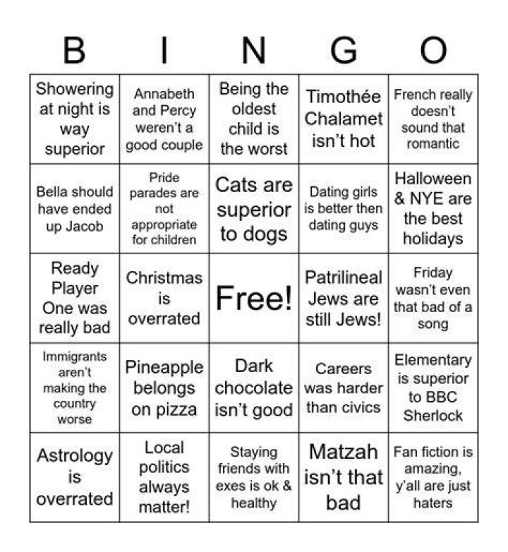Emily&rsquo;s Controversial Opinions Bingo Card