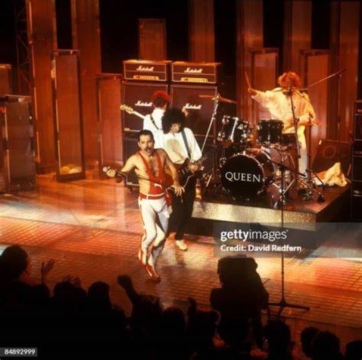 English rock group Queen perform live on stage at the Golden Rose Pop Festival in Montreux, Switzerland on 12th May 1984. Members of the band are, from left, bassist John Deacon, singer Freddie Mercury 1946-1991 drummer Roger Taylor and guitarist Brian May.