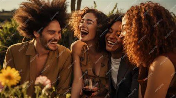 four people laughing in the mountains