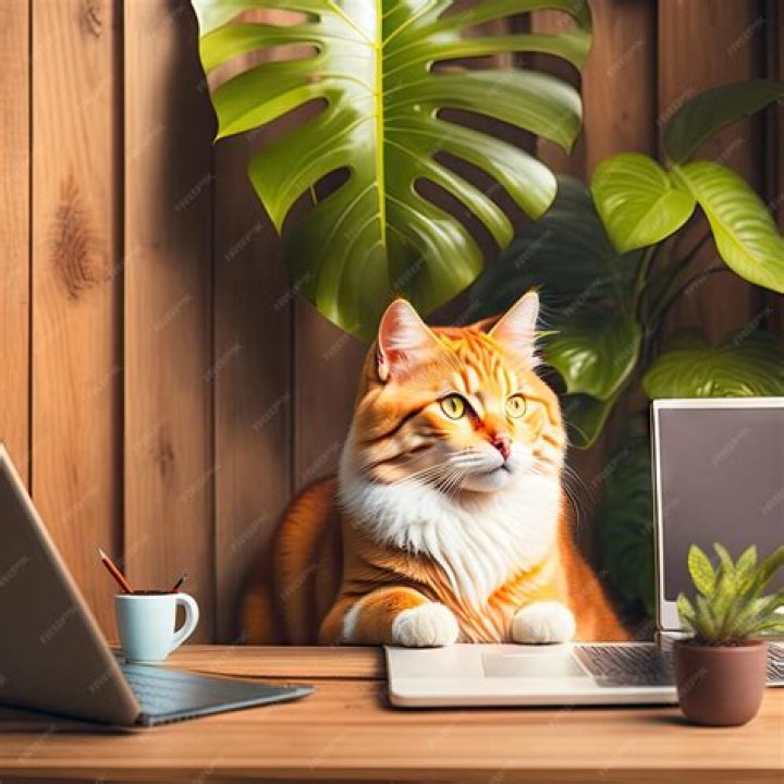 Ginger cat acts as human working on laptop