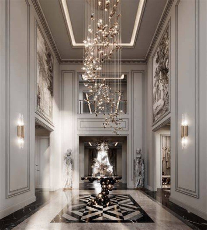 Grand entrance foyer with art on display