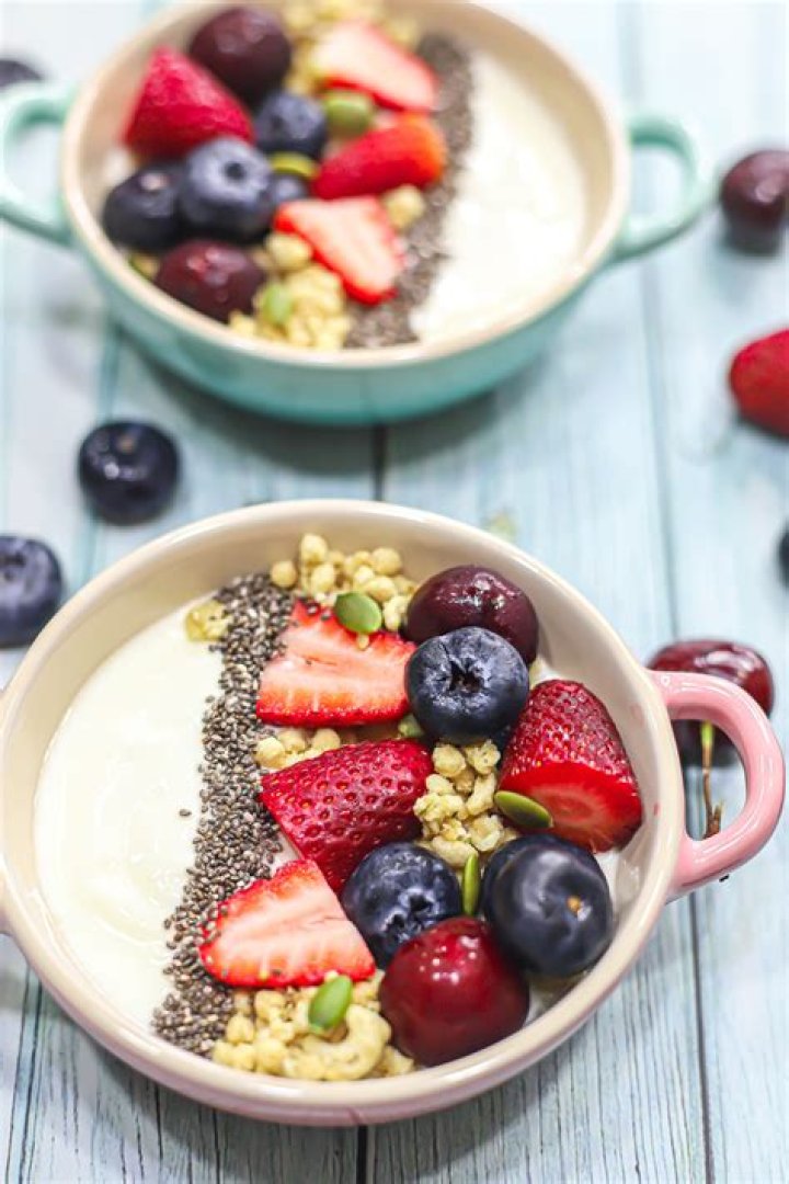 healthy breakfast with fresh greek yogurt on background