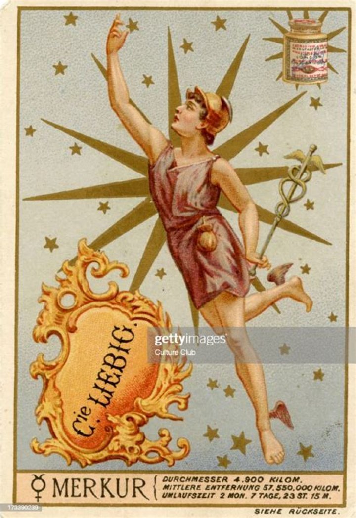 heavenly bodies published 1892 mercury merkur and astrological symbol translation 'diameter 4,900 km orbit 57,550,000 km orbit time 2 months, 7 days, 23 hours, 15 minutes' 'durchmesser 4900 kilom mittlere entfernung 57550000 kilom umlaufszeit 2 mon 7 tage, 23 st 15 m' liebig company collectible cards series photo by culture clubgetty images local caption