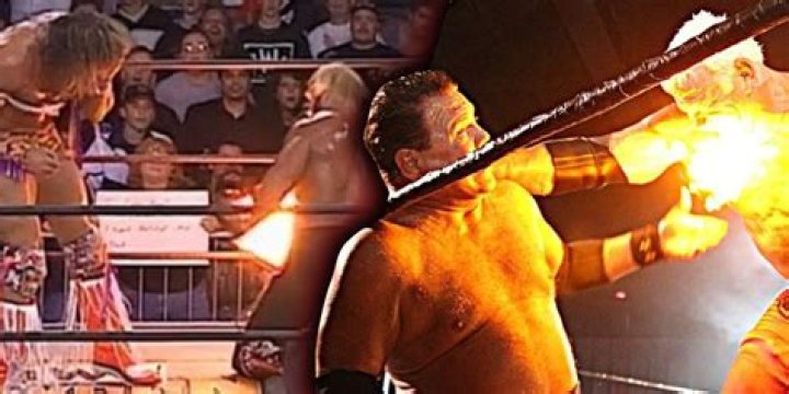 Hogan with fire in ring against Macho Man