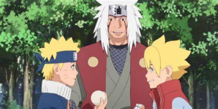 Images shows screenshot from Boruto anime with Baryon Mode Naruto capturing his foe with his head chakra tails but his enemy is a laughing Gear 5 Luffy whose holding his eyes while laughing while a punch nears his face.