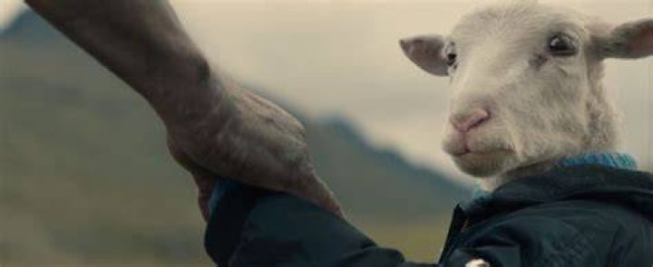 Ingvar holds a baby lamb as Maria looks back on a hillside in Lamb
