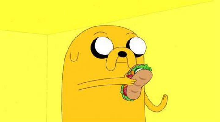 Jake in front of a dazzling background in Adventure Time.