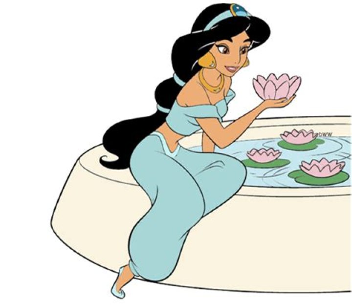 Jasmine sitting beside a fountain and talking in Aladdin