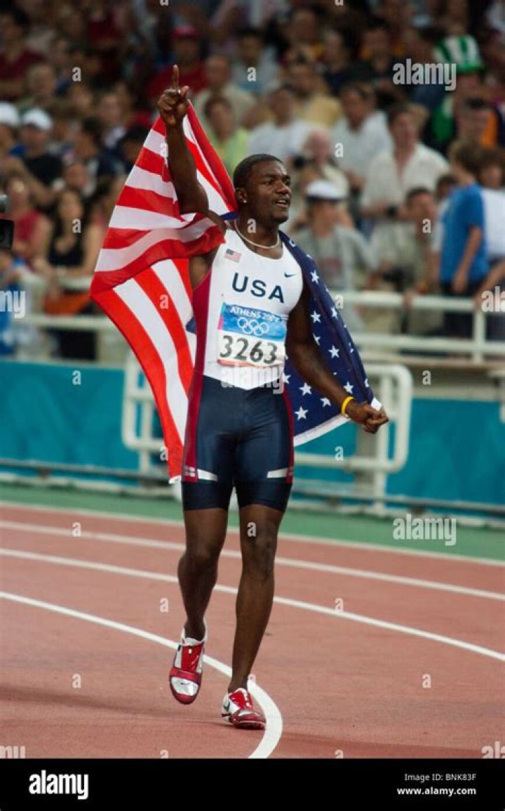 Justin Gatlin (USA) after winning the Men's 100m at the 2004 Olympic