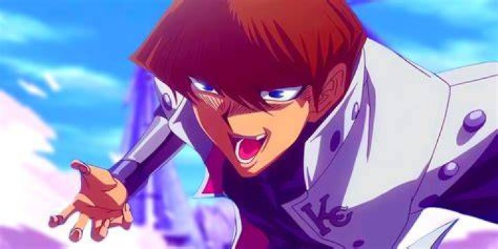 Kaiba laughing with his eyes closed