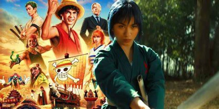 Kuina holding her Katana and the poster for Netflix's One Piece 