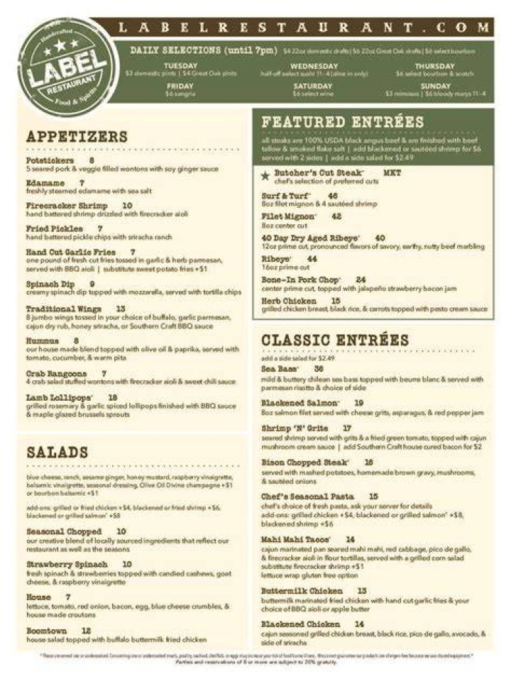 Label Restaurant Menus Brunch, Lunch & Dinner Johnson City, TN