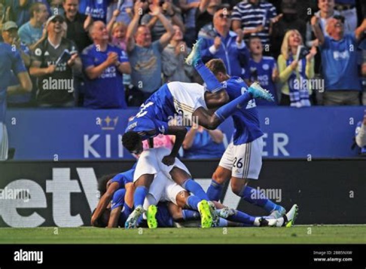 Leicester City players celebrate after scoring their third goal during a Sky Bet Championship match