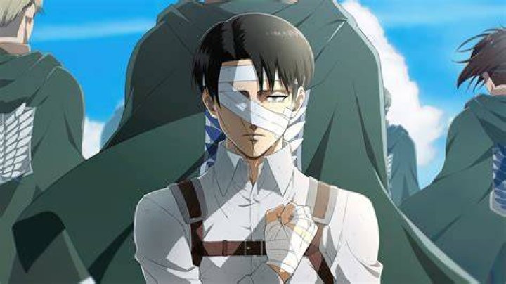 Levi Ackerman from Attack on Titan looking seriously into the distance, sunset behind him
