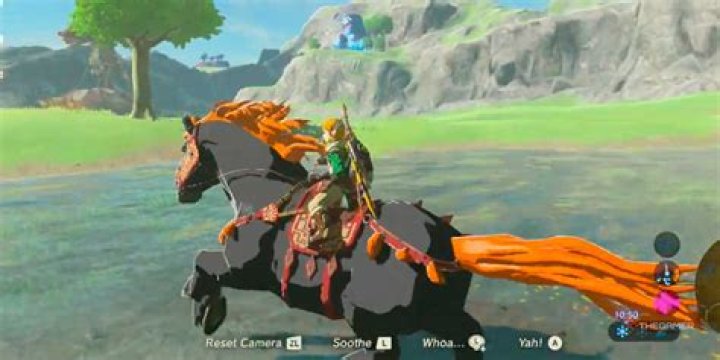 Link riding the Giant White Stallion in Tears of the Kingdom in Hyrule field.