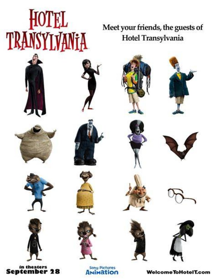 Main characters in Hotel Transylvania in front of the hotel
