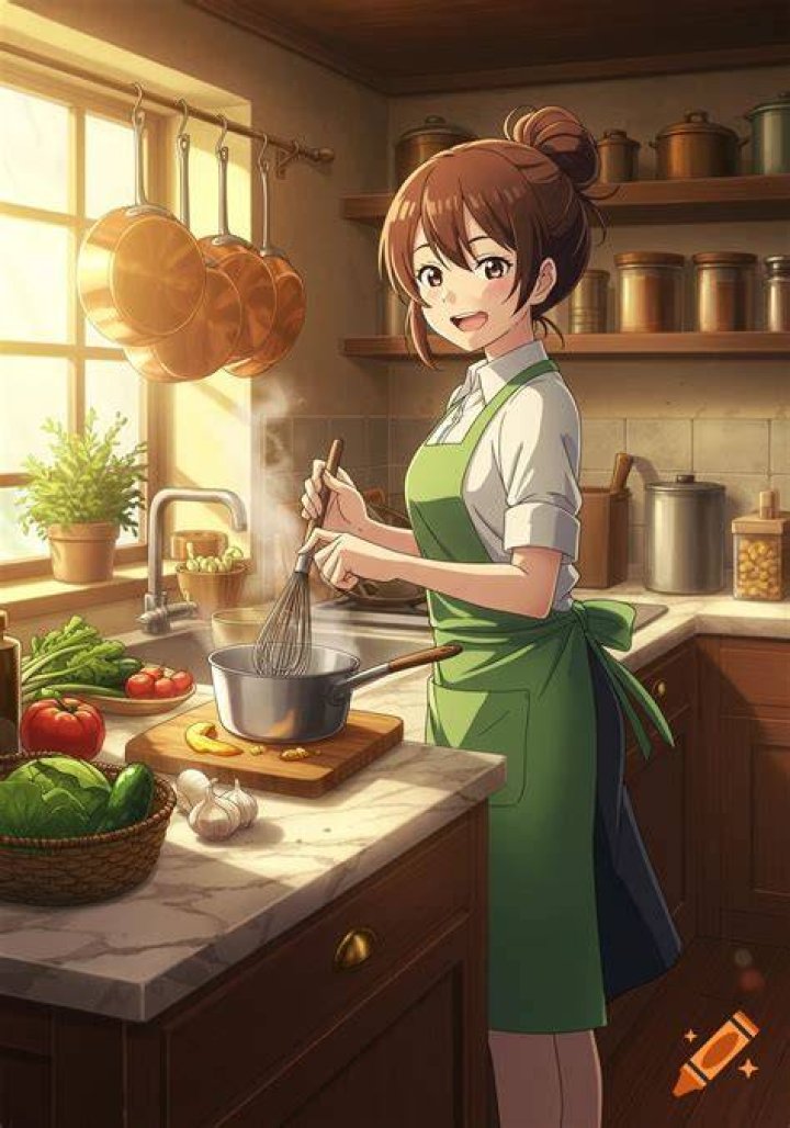 Makoto cooking in her apron in the original Sailor Moon series
