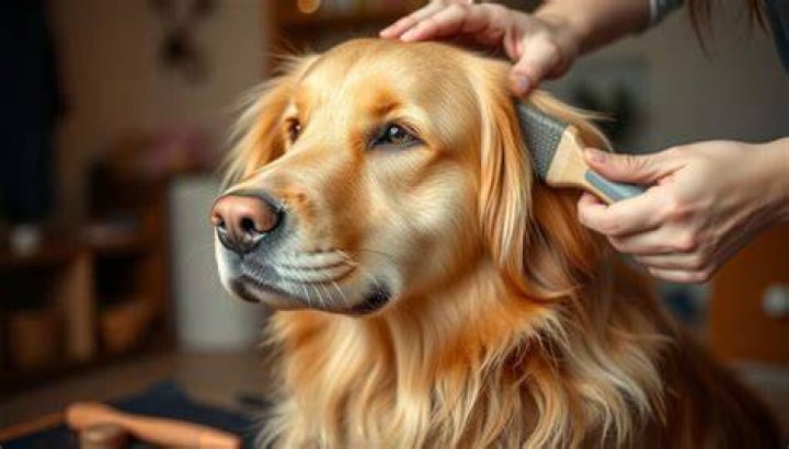 man grooming golden retriever dog