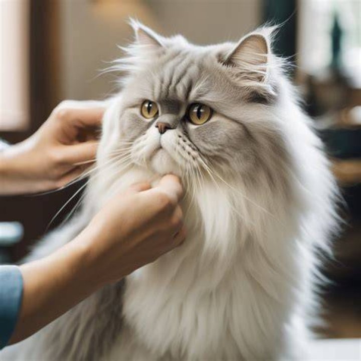 man grooming grey persian cat