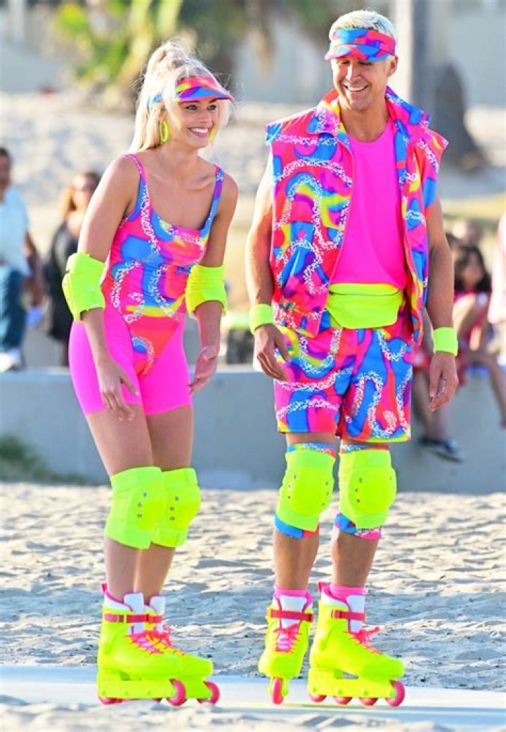 Margot Robbie and Ryan Gosling Channel '80s Neon Barbie and Ken on Rollerblades