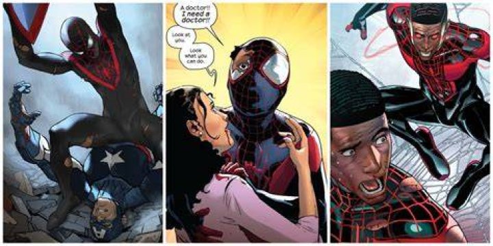 Miles Morales holds onto the ceiling trying to avoid detection in Spider-Man: Into the Spiderverse