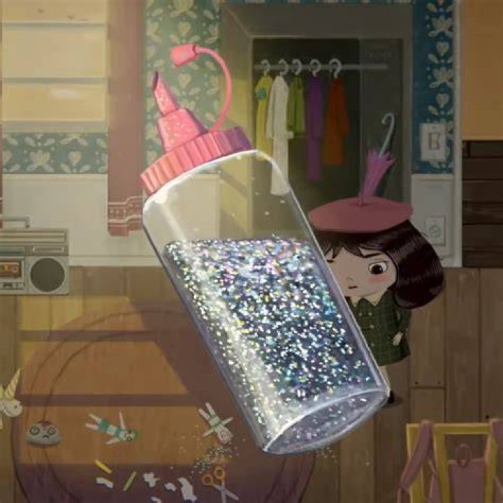 Misfortune scatters glitter in her family kitchen in Little Misfortune