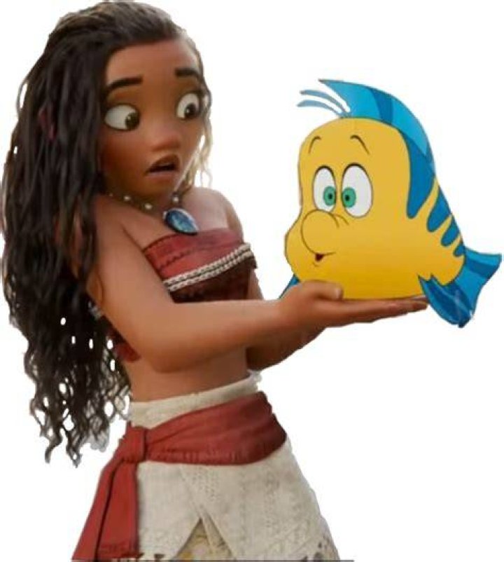 Moana holding 2D animated Flounder in Once Upon A Studio