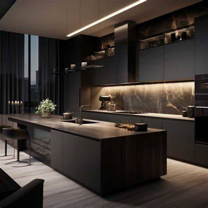 modern kitchen with dark cabinets and a white subway tile style backsplash