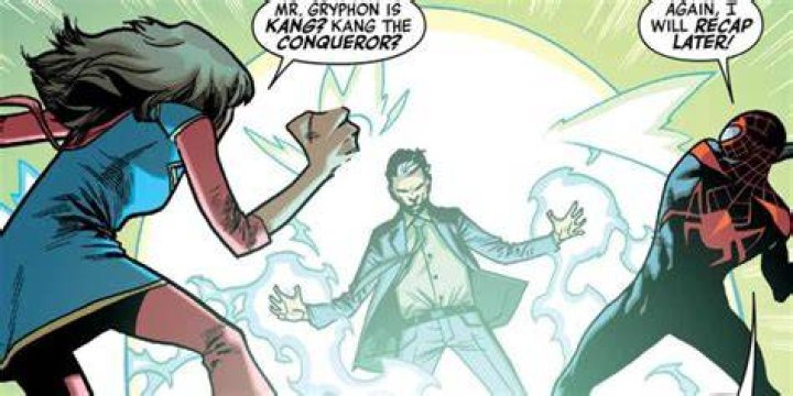 Mr. Gryphon Kang attacks Kamala Khan and Miles Morales in Marvel Comics.