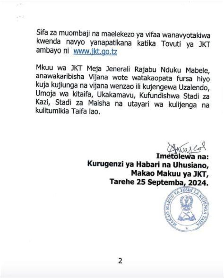Nafasi Za Kujiunga JKT 2023/2024 - Waliochaguliwa JKT Kujitolea
