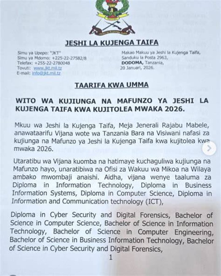 Nafasi Za Kujiunga Jkt
