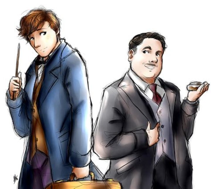 Newt Scamander and Jacob Kowalski sitting together