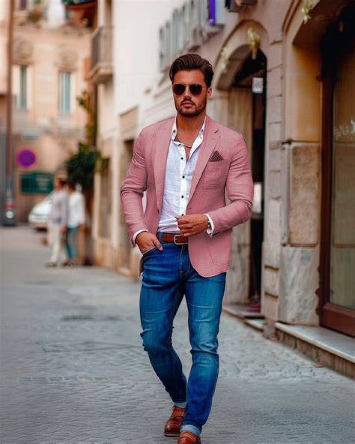 pink blazer, jeans, and matching flats