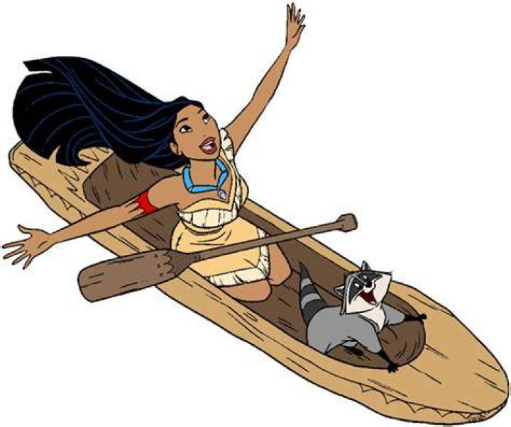 Pocahontas on a canoe with Meeko and Flit