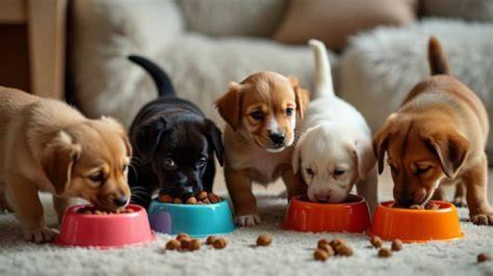 puppies eating food from food bowls